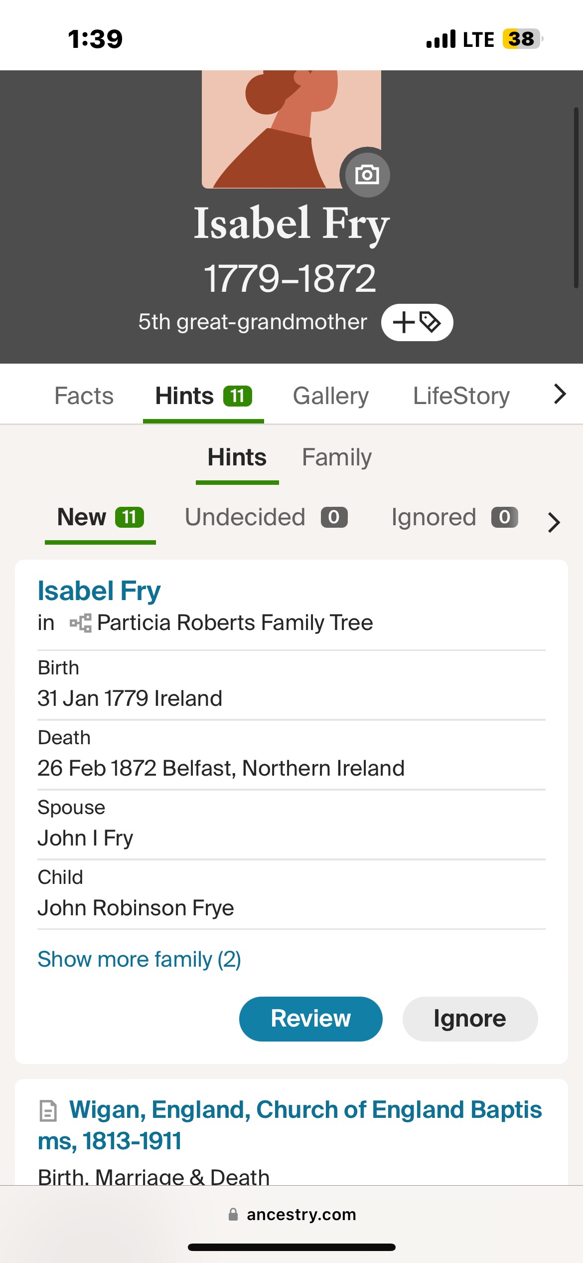 Ancestry screenshot showing Isabel Fry, born 1779 in Ireland and died 1872 in Belfast, Northern Ireland.