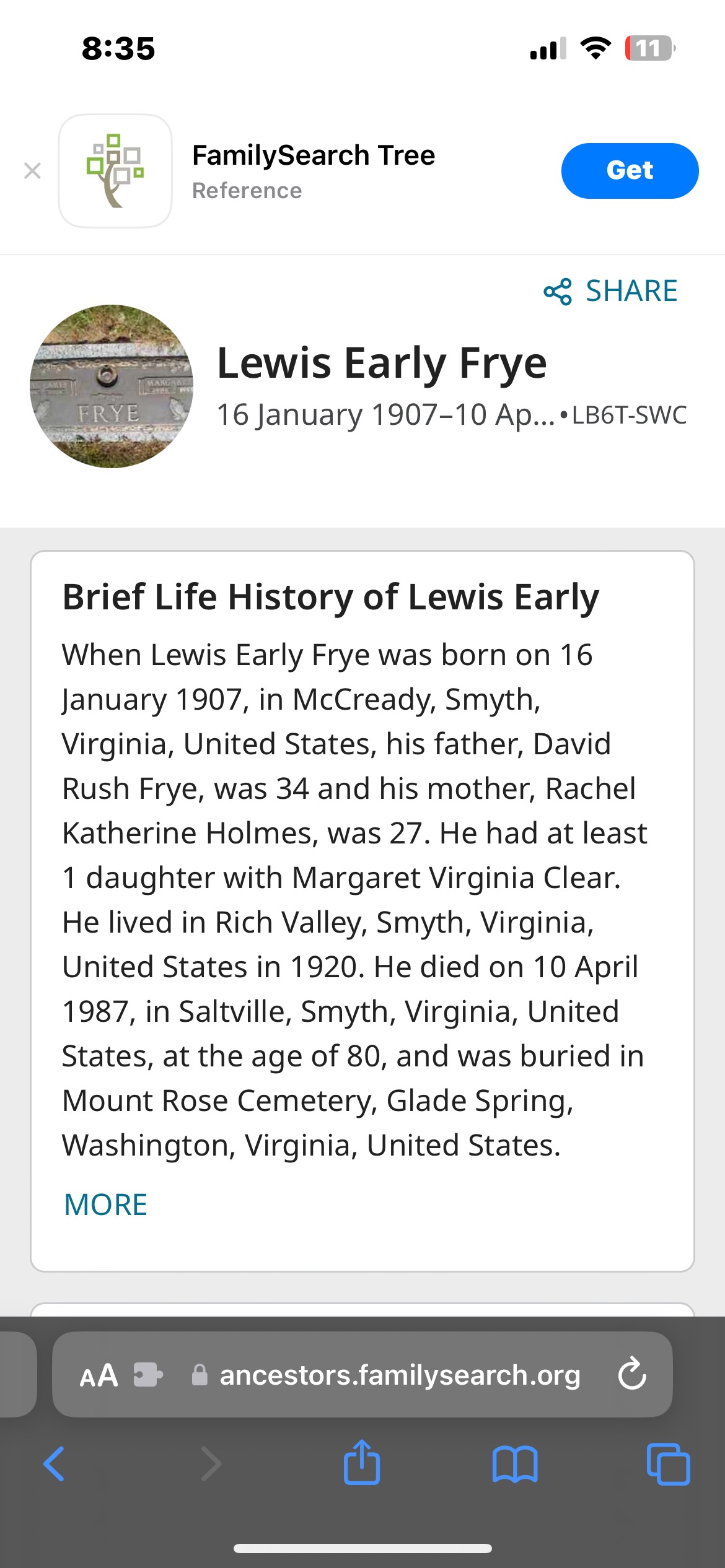 FamilySearch screenshot showing Lewis Early Frye, born January 16, 1907 in Smyth County, Virginia.